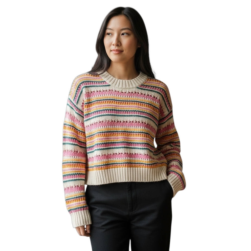 Zara Crew Neck Knit Sweater Women Small Pink Beige Striped Pullover Top Gorpcore